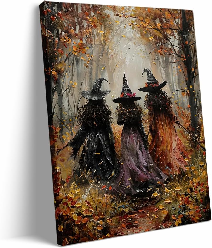 Vintage Three Witches In The Forest Painting Witch Print Witchy Canvas Print Halloween Wall Art Halloween Decor Witch Poster Dark Academia Gothic Room Decor for Bedroom 24x36in Large Frame Wall Art