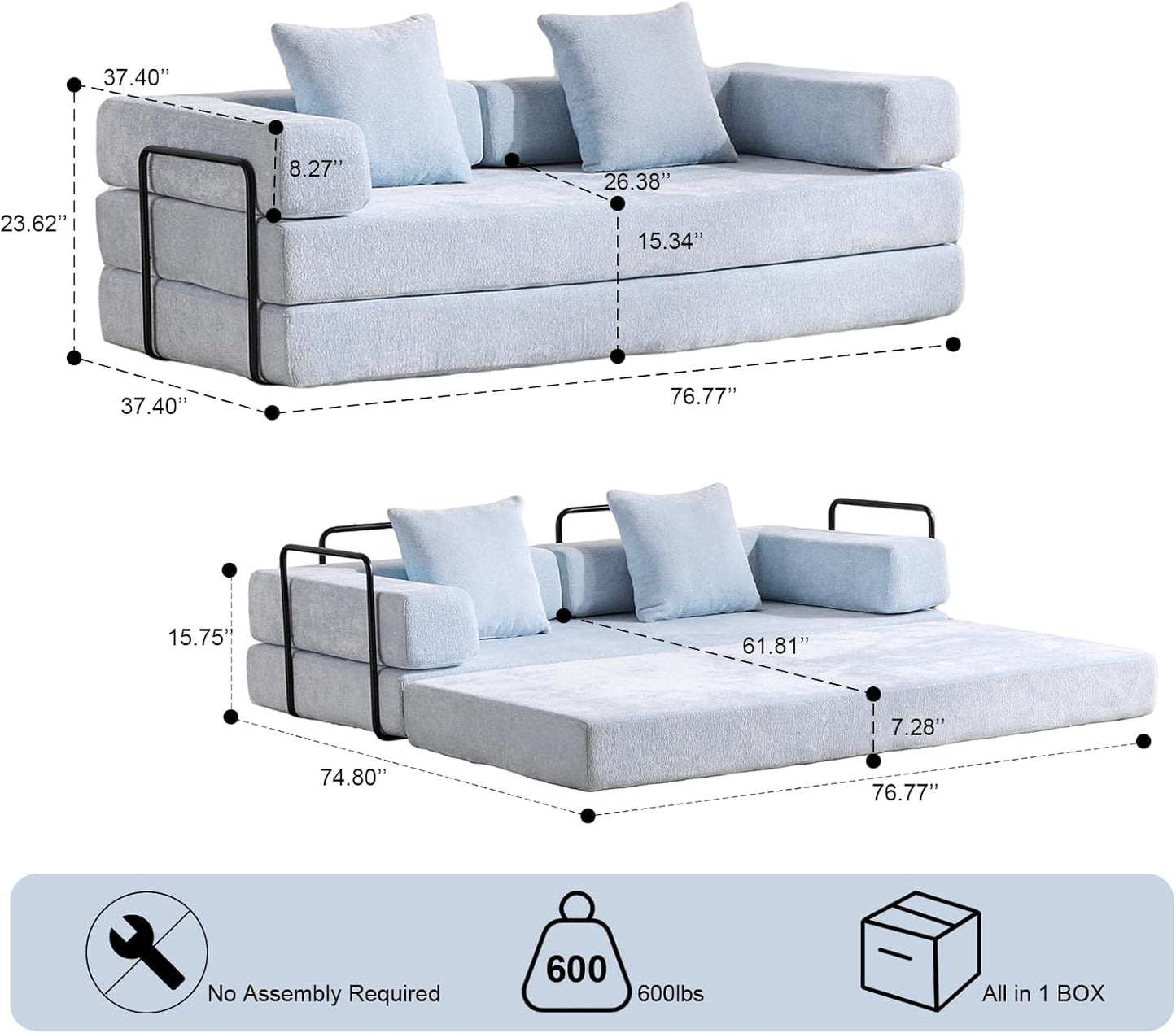 Convertible Sleeper Sofa Bed, Compression Folding Sofa with Pillow, No Assembly Required, Shape Frame, Floor Sofas Lounge Couch for Living Room, Bedroom, Small Spaces(Chenille, 77''W, Light Blue)