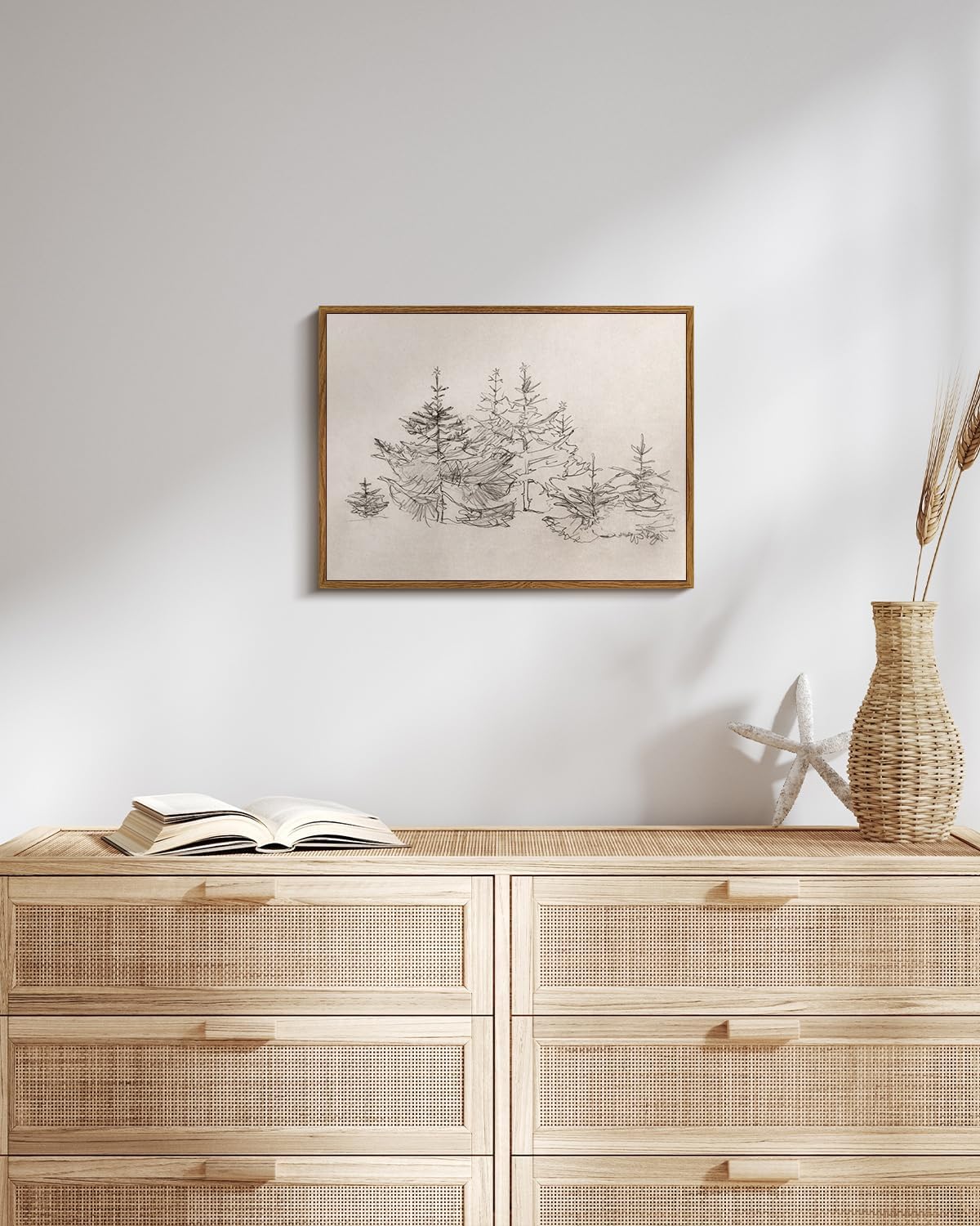 VIYYIEA Framed Canvas Wall Art Home Decor Pine Tree Prints Wall Pictures Black and White Watercolor Winter Room Decor Tree Life Vintage Botanical Home Decor 12x16in