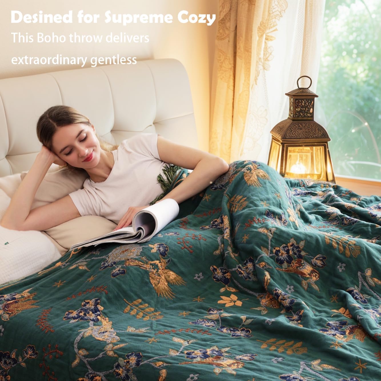 Boho 100% Organic Cotton Large Throw Blanket 50" x 60" - All Season Rustic Ultra Soft Breathable Floral Bird Blanket for Bed Sofa Couch Chair Bedspread Quilt Gift-Teal,Beige