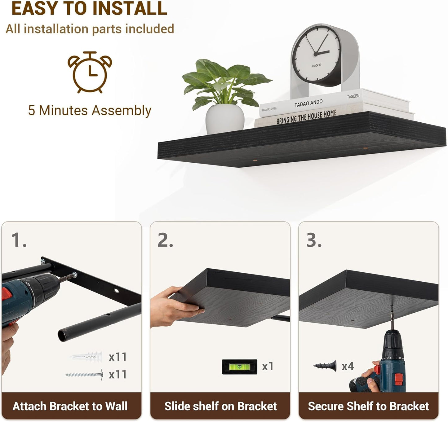 48 Inch Floating Shelves, 48"x9.25"x1.5" Inch Deep Floating Shelves for Wall, Wooden Shelves for Bathroom, Bedroom, Living Room, Black