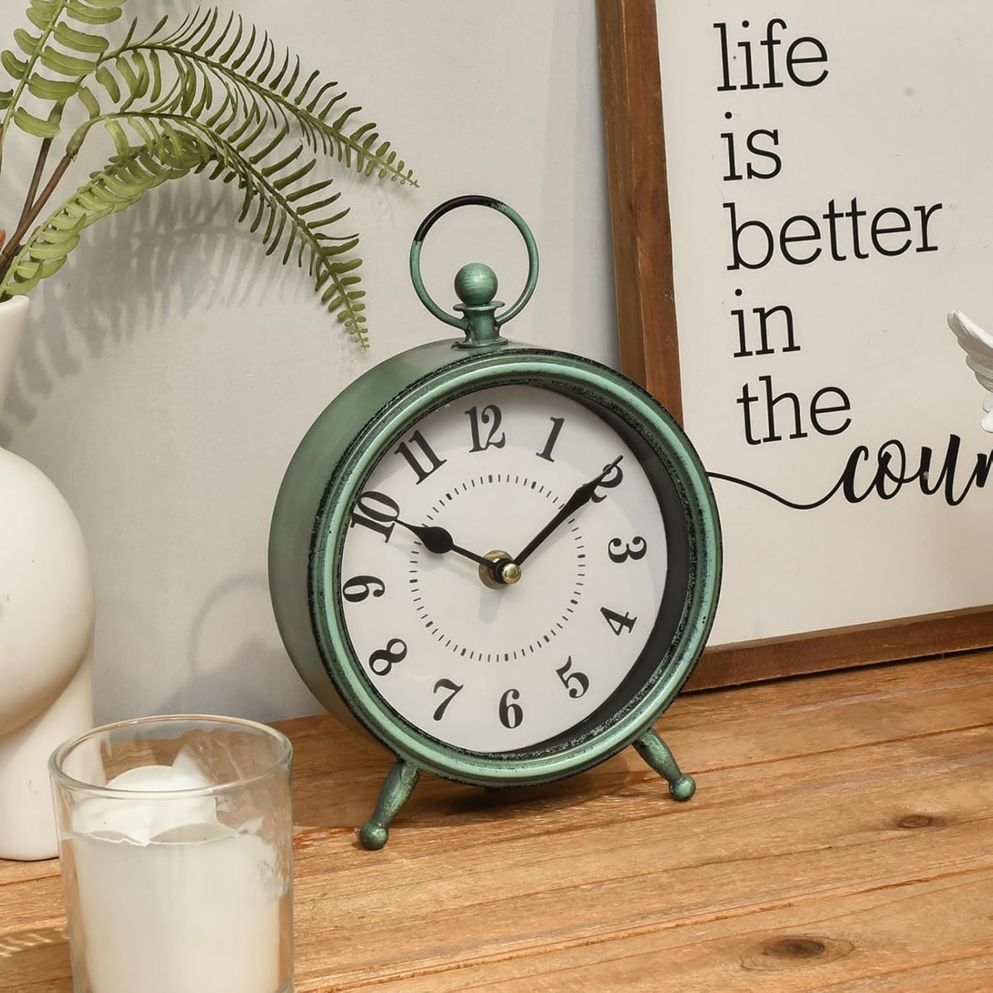 Vintage Small Rustic Green Table Clock on Stand - Decorative Desk and Shelf Clock, Battery Operated, Silent Non-Ticking Timepiece Perfect for Office, Living Room, and Bedroom Decor
