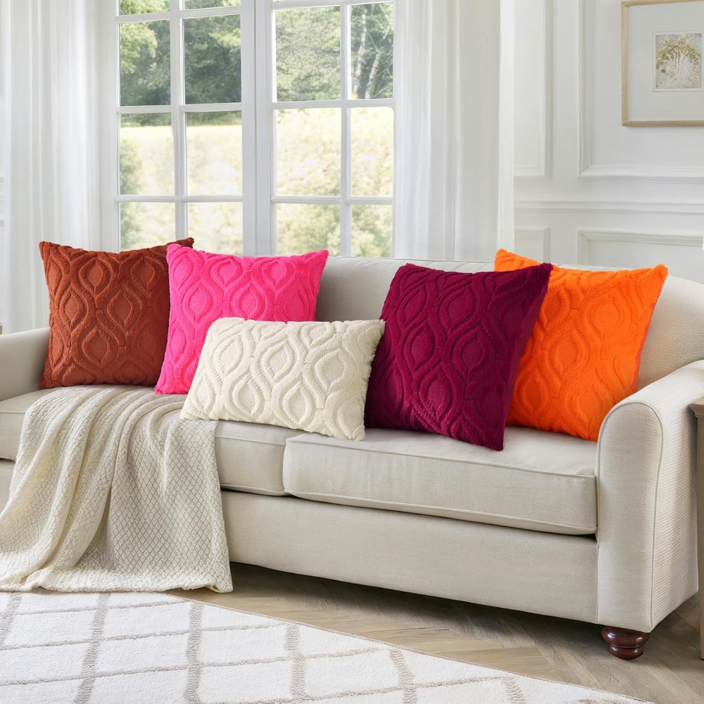 decorUhome Fall Throw Pillow Covers 16x16 Inch Set of 2, Soft Plush Decorative Faux Fur Orange Solid Couch Pillow Covers, Accent Farmhouse Neutral Square Euro Pillow Cases for Sofa Bed Living Room