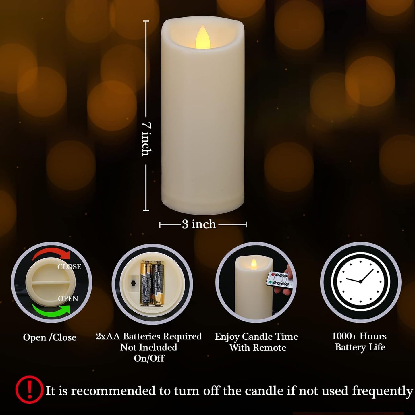 Outdoor Waterproof Flameless Candles with Remote and Timers, 1000 Hours Long Battery Operated LED Pillar Candles, Electric Fake Candles, Ivory Plastic, D3 X H7, 1 Pack