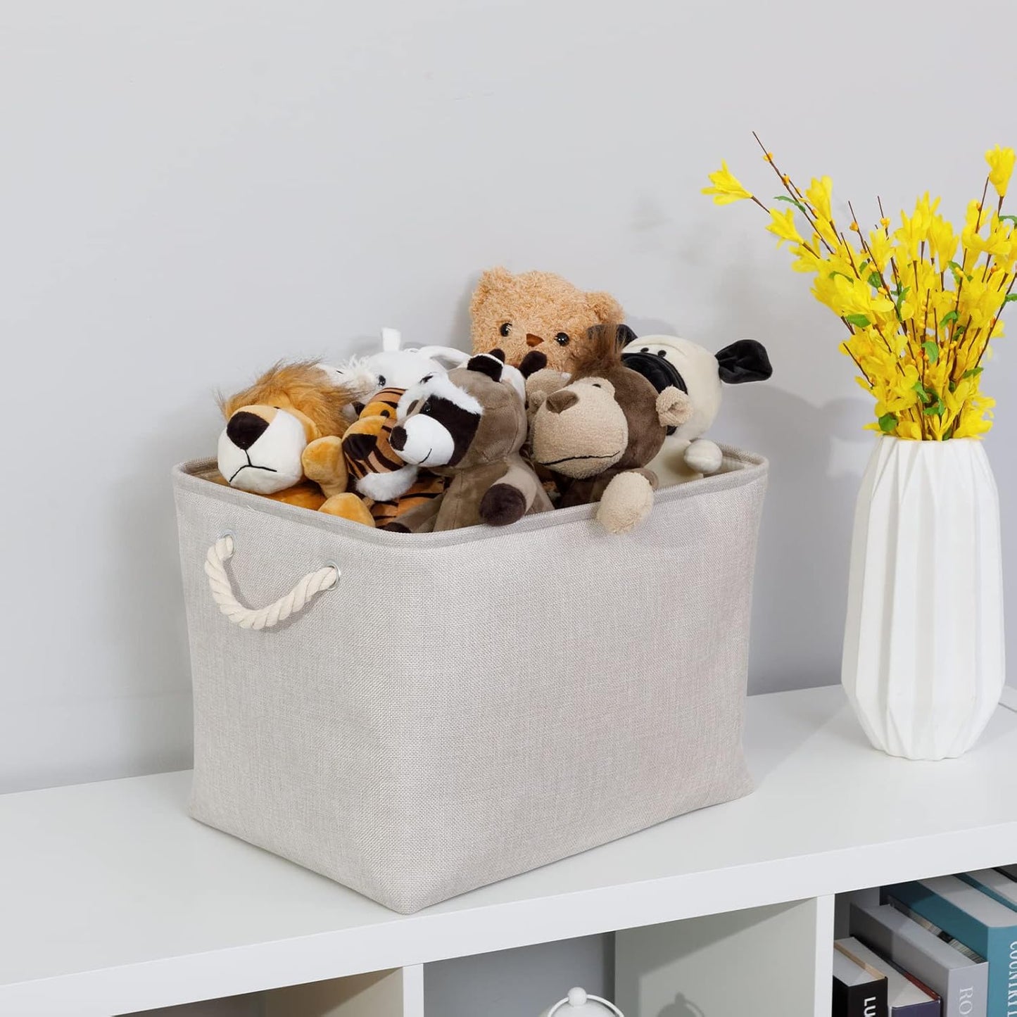 Bidtakay Large Fabric Storage Bins Beige Linen Closet Organizers Set of 2 Baskets for Shelves Clothes Bedroom 16x11.8x11.8 Inch Foldable Organization Baskets for Towels Blankets Storage Dog Toys