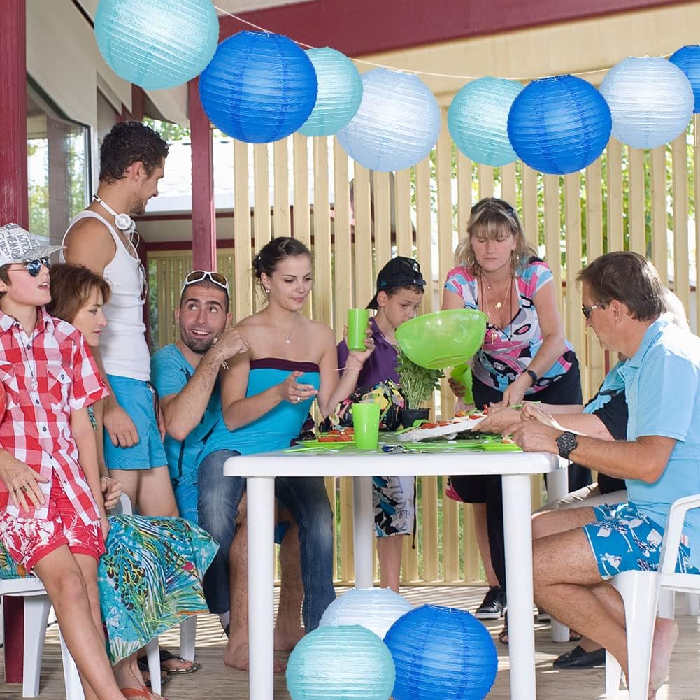 Paper Lanterns Decorative, Blue Hanging Paper Round Chinese Lanterns with Lights for Wedding Graduation Birthday Party 12 LED Light Pack of 12