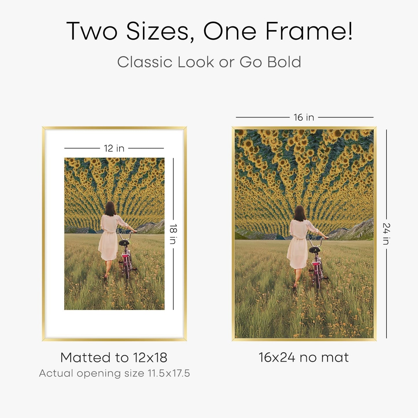 Homeforia 16 x 24 Picture Frame Gold, High End Metal 16x24 Poster Frames with Mat 12x18 Photo, 16 x 24 Gold Frame Matted to 12 by 18 Print, 24x16 Thin Hanging Frame, Tempered Glass, Wall Kit, Set of 1