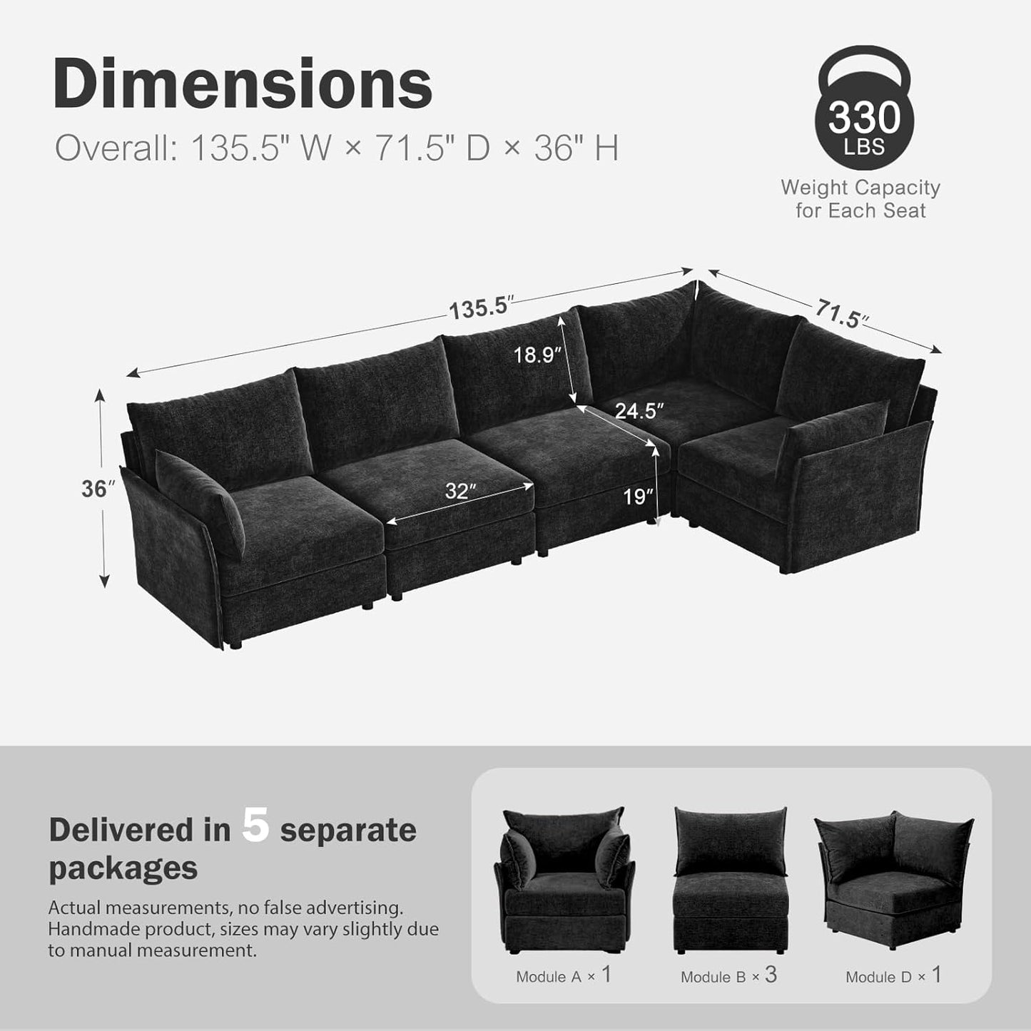 135.5" Oversized Modular Sectional Sofa, L Shaped Convertible Couch with Movable Ottoman, 5 Seat Corner Couches for Living Room Deep Seat Black Chenille