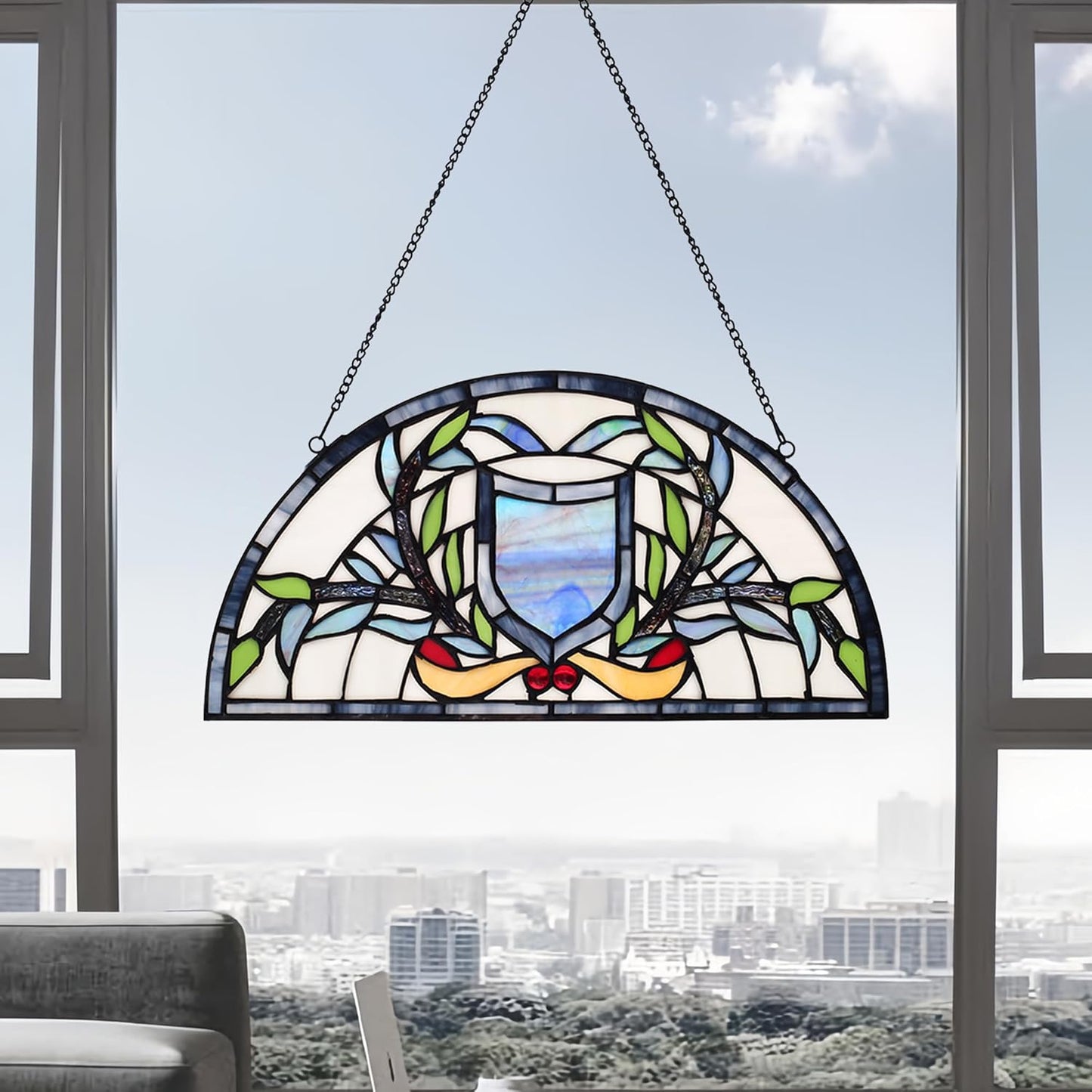YOURANJU Half Moon Stained Glass Window Hanging Tiffany Style 16" x 8" Half-Round Window Panel Housewarming Gift Living Room Bedroom Kitchen Window Decorative Hangings with Chain (Rattan)