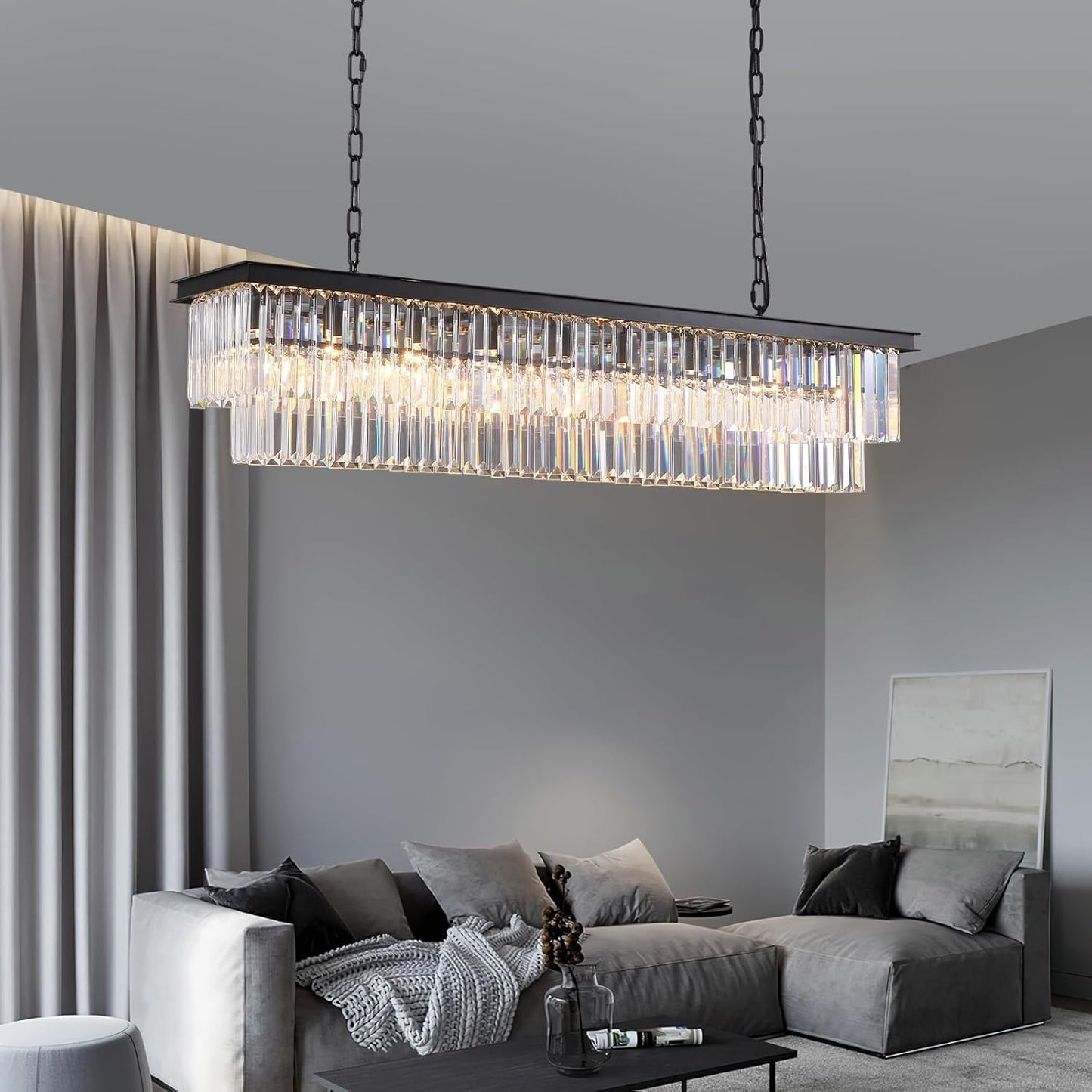 Rectangle Crystal Chandelier Black Modern Linear Chandelier Contemporary Pendant Light Fixture 8-Light Hanging Ceiling Light for Dining Room Living Room Kitchen Bedroom Foyer 47''