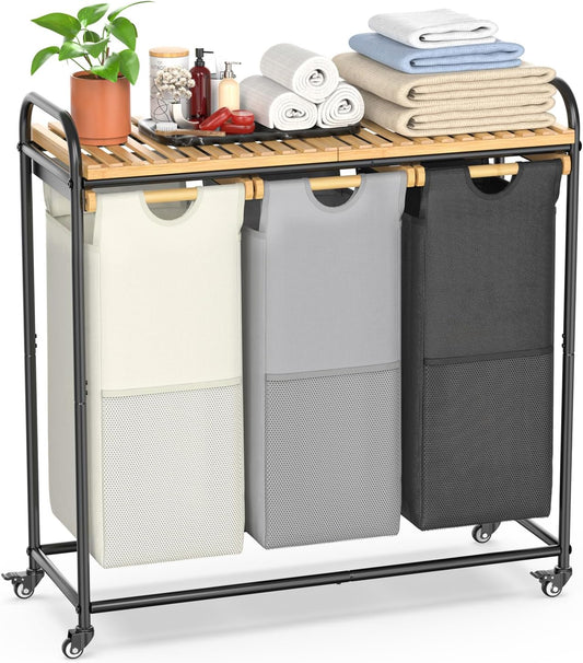 Laundry Hampers 3 Section, Laundry Sorter with Removable Shelf and Pull-Out Bags, Clothes Hampers with Wheels Rolling Cart Basket for Laundry Room Bathroom, 3 x 40 L (Black White Gray)