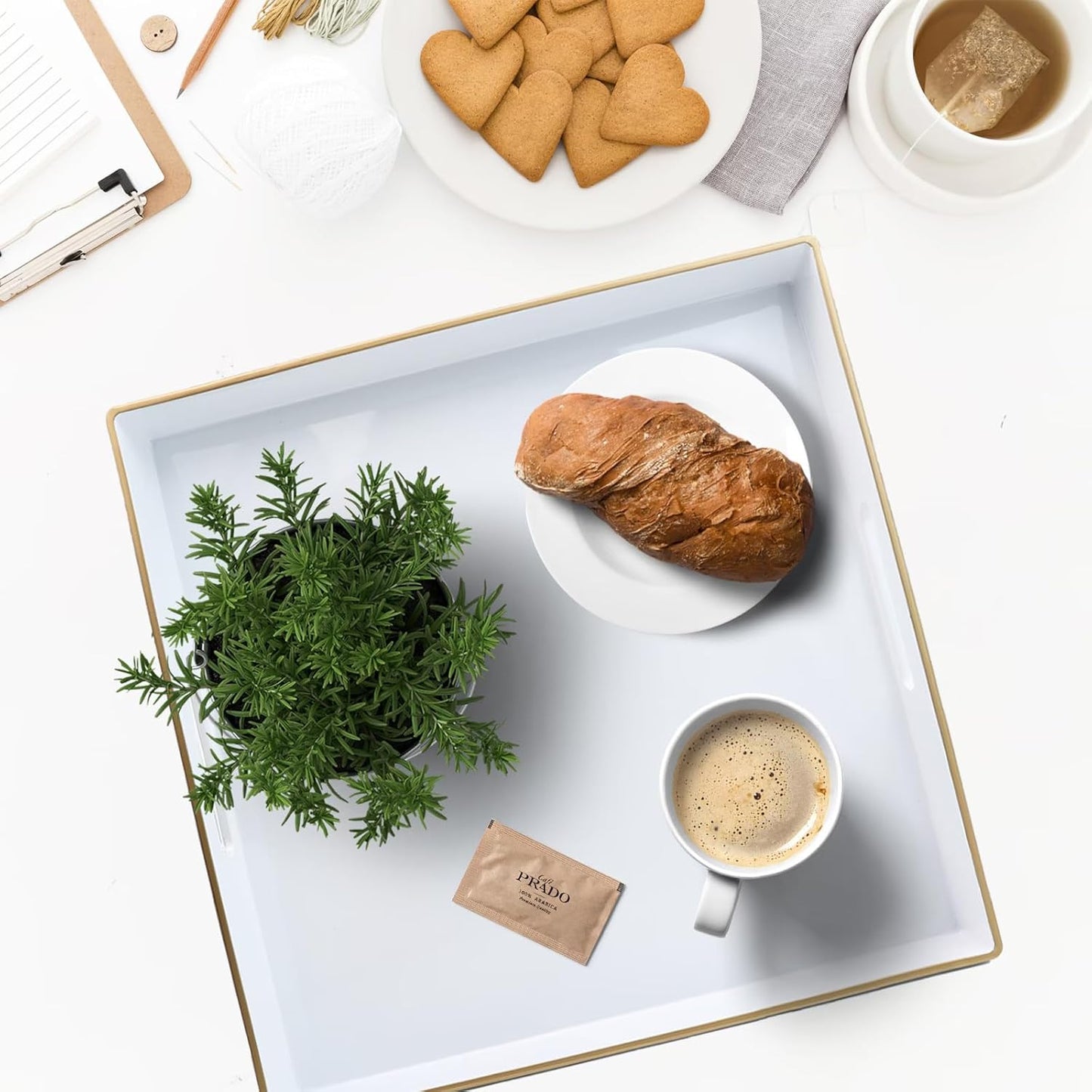 Spsyrine Decorative Tray, 13" Plastic Square Coffee Table Tray with Handles for Living Room, Ottoman, Bathroom Decor