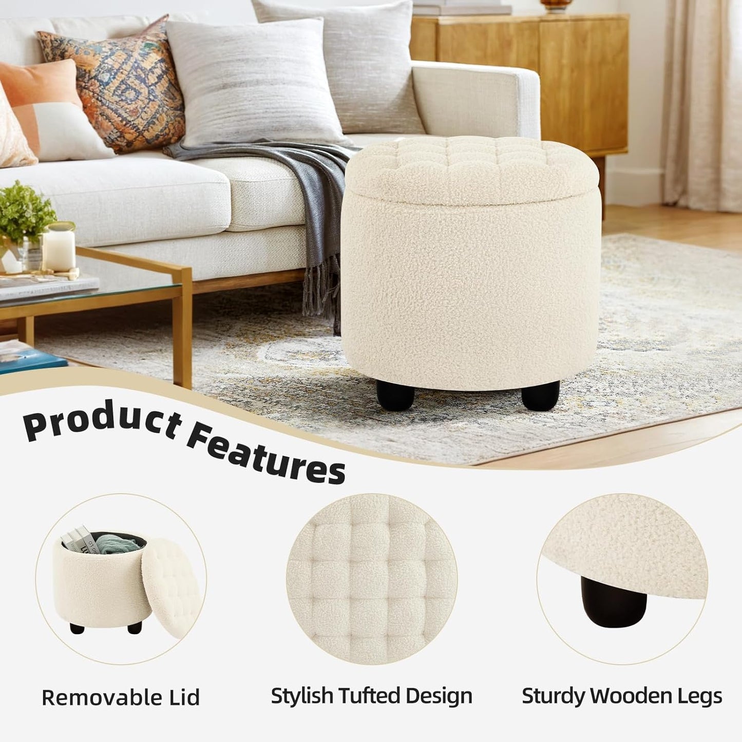 Furniliving Modern Round Storage Ottoman,Button Tufted Ottoman Foot Stools Ottoman Footstool with Removable Lid Storage Ottomans for Living Room, Bedroom, Makeup Room，Sherpa, IvoryWhite
