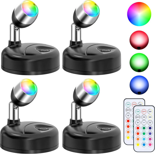 Wireless RGBW Spot Lights Indoor Decor, 4 Pack Floor Uplighting Indoor, 13 Color Changing Tree Light, Picture Light with Remote and Timer, Accent Lights for Plant Christmas Holiday Party