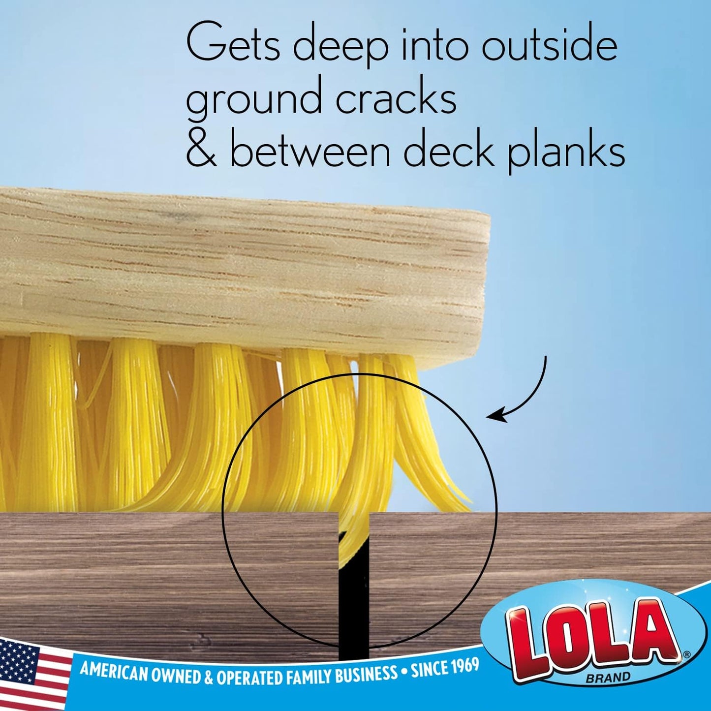 Lola Products Deck Scrub Brush Broom, 9" x 3.5" Wide, Durable Bristles Remove Dirt, Grime, Grout, Leaves, Snow on Patios, Decks, Wet or Dry, 9 Count