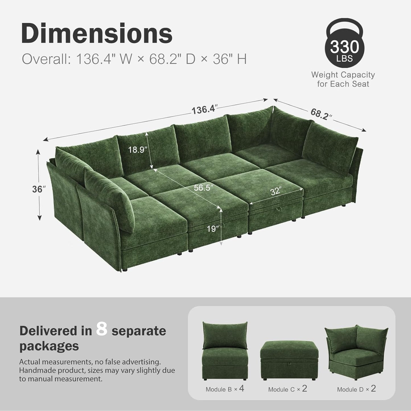 136.4" Oversized Modular Sectional Sleeper Sofa Bed, U Shaped Convertible Couch with Movable Ottoman, Large 8 Seat Corner Couches for Living Room Deep Seat Green Chenille