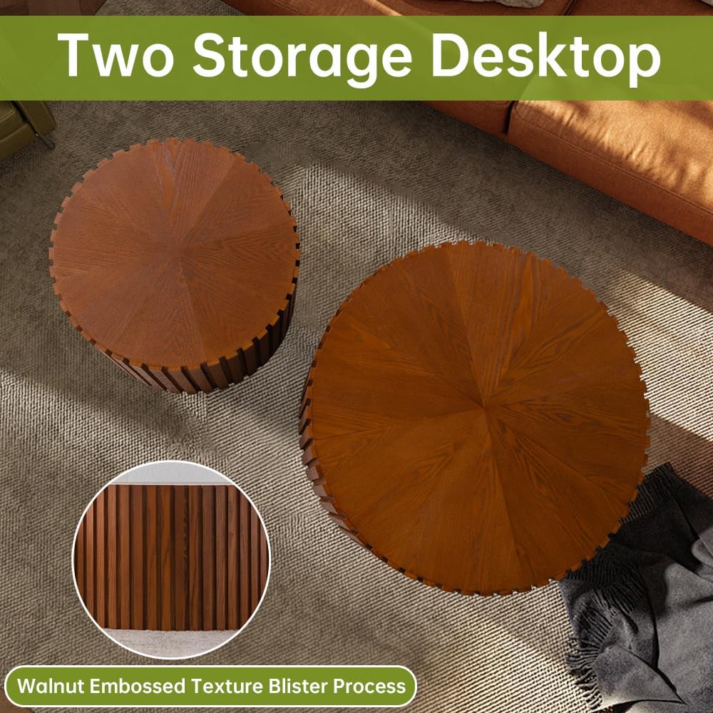 Round Nesting Coffee Table Modern Fluted Coffee Table Set of 2 Stripe Round Coffee Tables Circle Drum Coffee Tables for Living Room (Walnut Small)