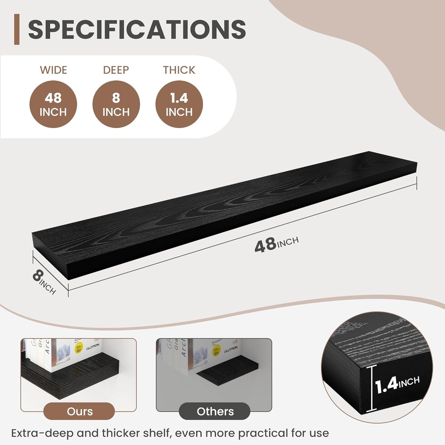 48 Inch Floating Shelves, 8 Inch Deep Floating Shelves for Wall, Hanging Shelf with Invisible Brackets, Deep Shelves for Bathroom, Bedroom, Living Room, Black, Set of 1