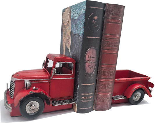 Decorative Book Ends Vintage Bookends: Metal Truck Book Stopper for Heavy Books - Farmhouse Decor for Shelf Table Coffee Bar Office Home - Gift for Adults Men Teen (Vintage Red)