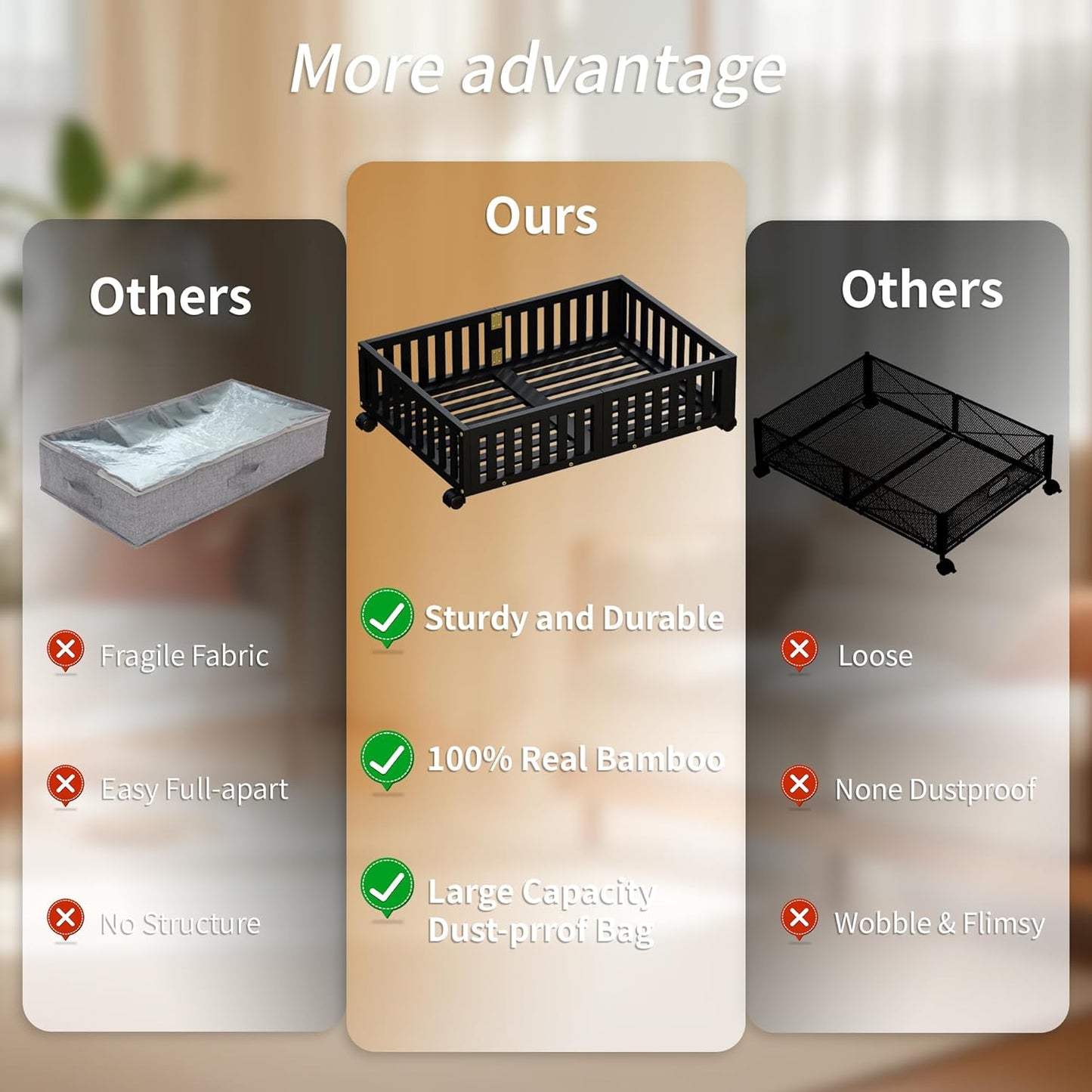 Bamboo Under Bed Storage with Wheels (2-Pack) – Rolling Underbed Shoe Organizer Box for Shoes, Blankets, Toys, Clothes Container Space-Saving Organizer Bins for Bedroom, Closet, Dorm, Nursery