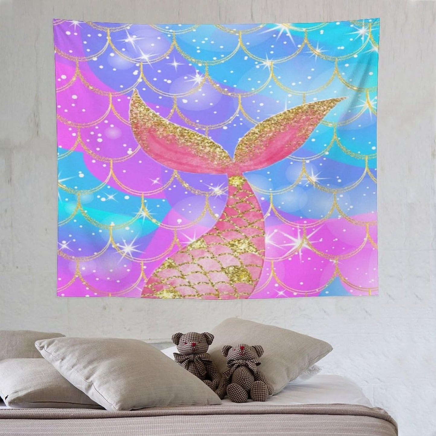 HZOHNAGO Mermaid Scales Tapestry Colorful Shiny Scales Mermaid Tail Pattern Printed Wall Tapestry Wall Hanging for Bedroom Living Room Dorm 60" W x 50" H