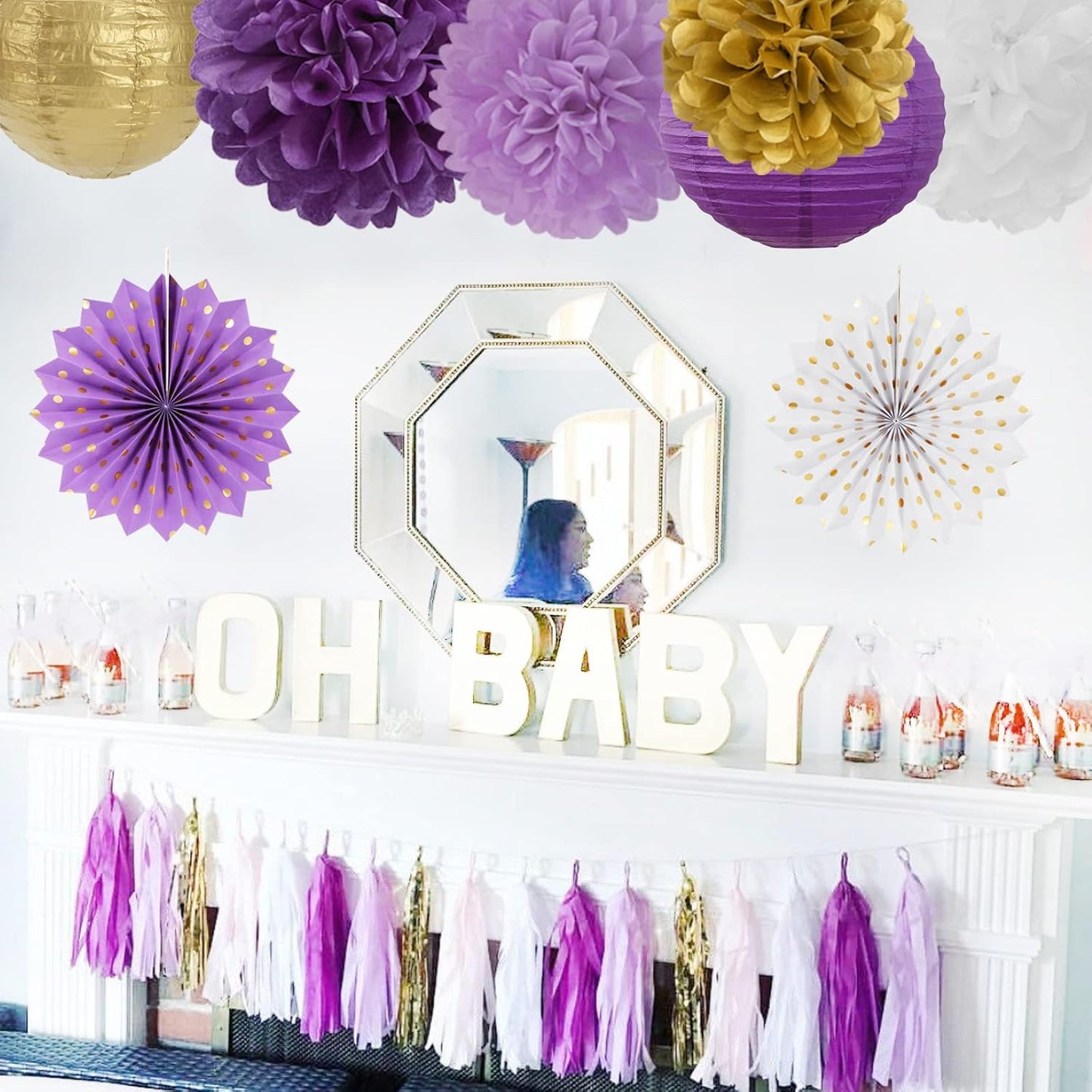 Purple-Gold Party Decorations Streamers Lanterns - 14pcs White Lavender Paper Fan Graduation Woman Birthday Wedding Bridal Shower Tissue Pom Poms,Honeycomb Balls Decor Ouruola
