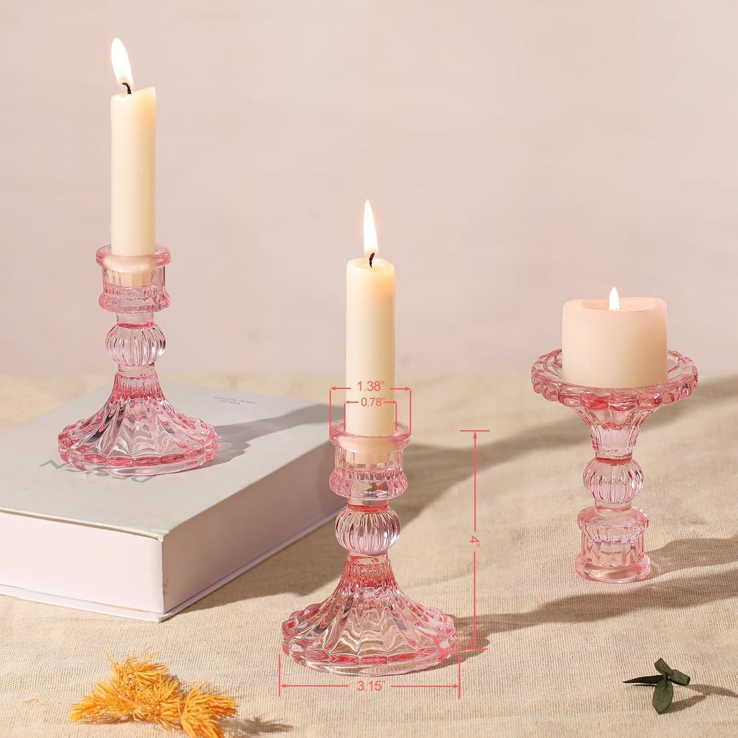 12PCS Pink Candlestick Holders Set- 4" H Taper Candle Holders, Glass Candle Holders Bulk for Wedding, Party, Home Table Centerpieces, Festival Gifts & Windowsill Decor