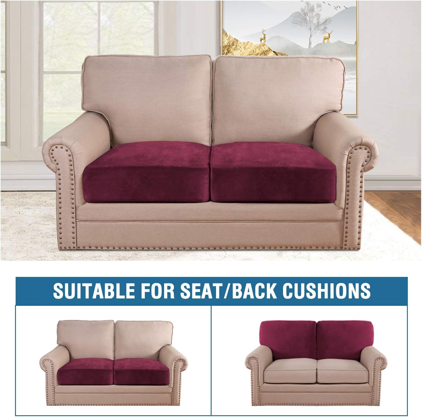 H.VERSAILTEX Velvet Stretch Couch Cushion Cover Plush Cushion Slipcover for Chair Loveseat Sofa Cushion Furniture Protector Seat Cushion Sofa Cover (2 Piece Large Sofa Cushion Covers, Burgundy)