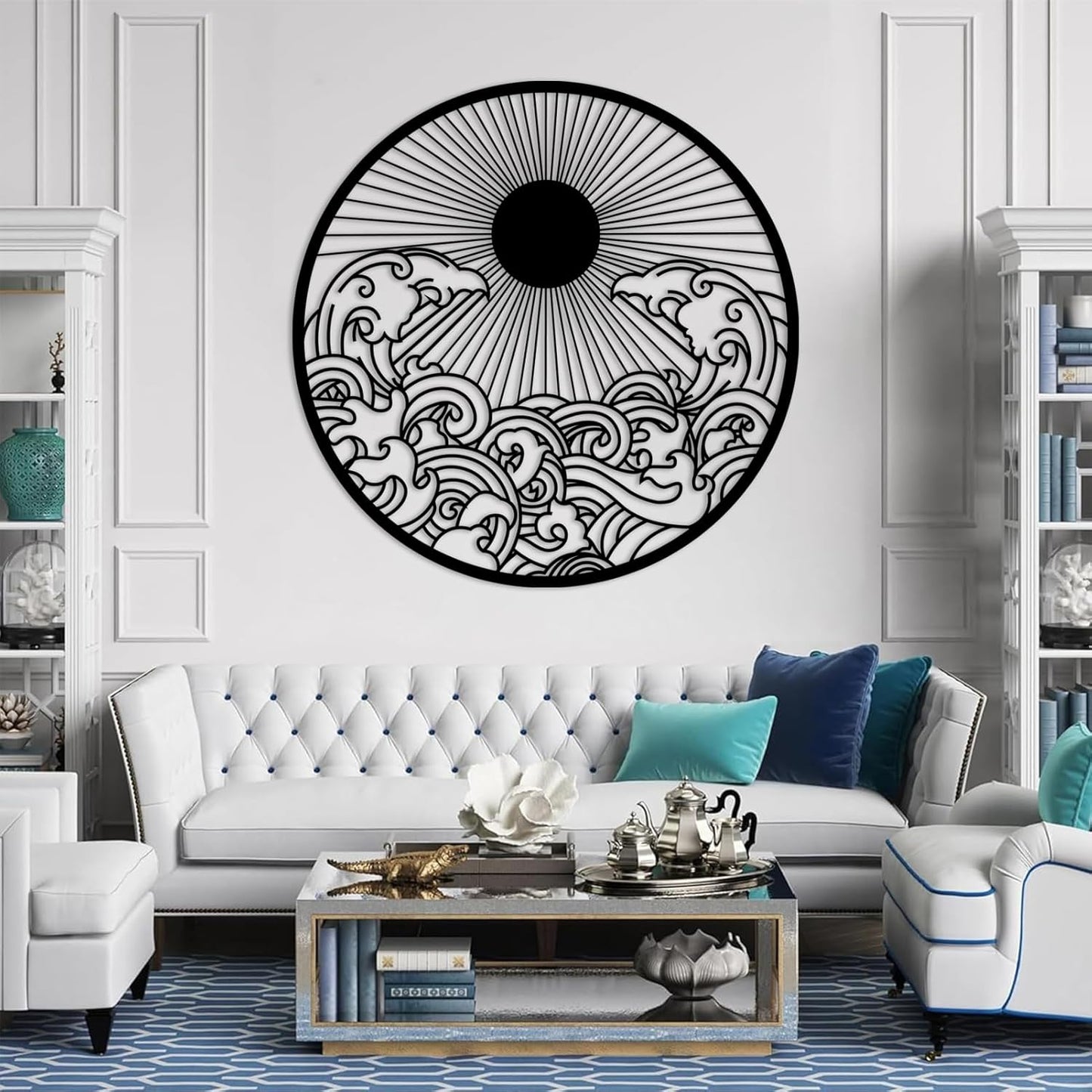 flyoak Metal Sun Wall Decor Outdoor, Sunrise Metal Wall Art, Metal Wave Wall Art, Sunrise and Wave Wall Decor, Sunburst Wall Art, Sunset Wall Art, Wall Hangings for Bedroom (White, 35x35in|90x90cm)