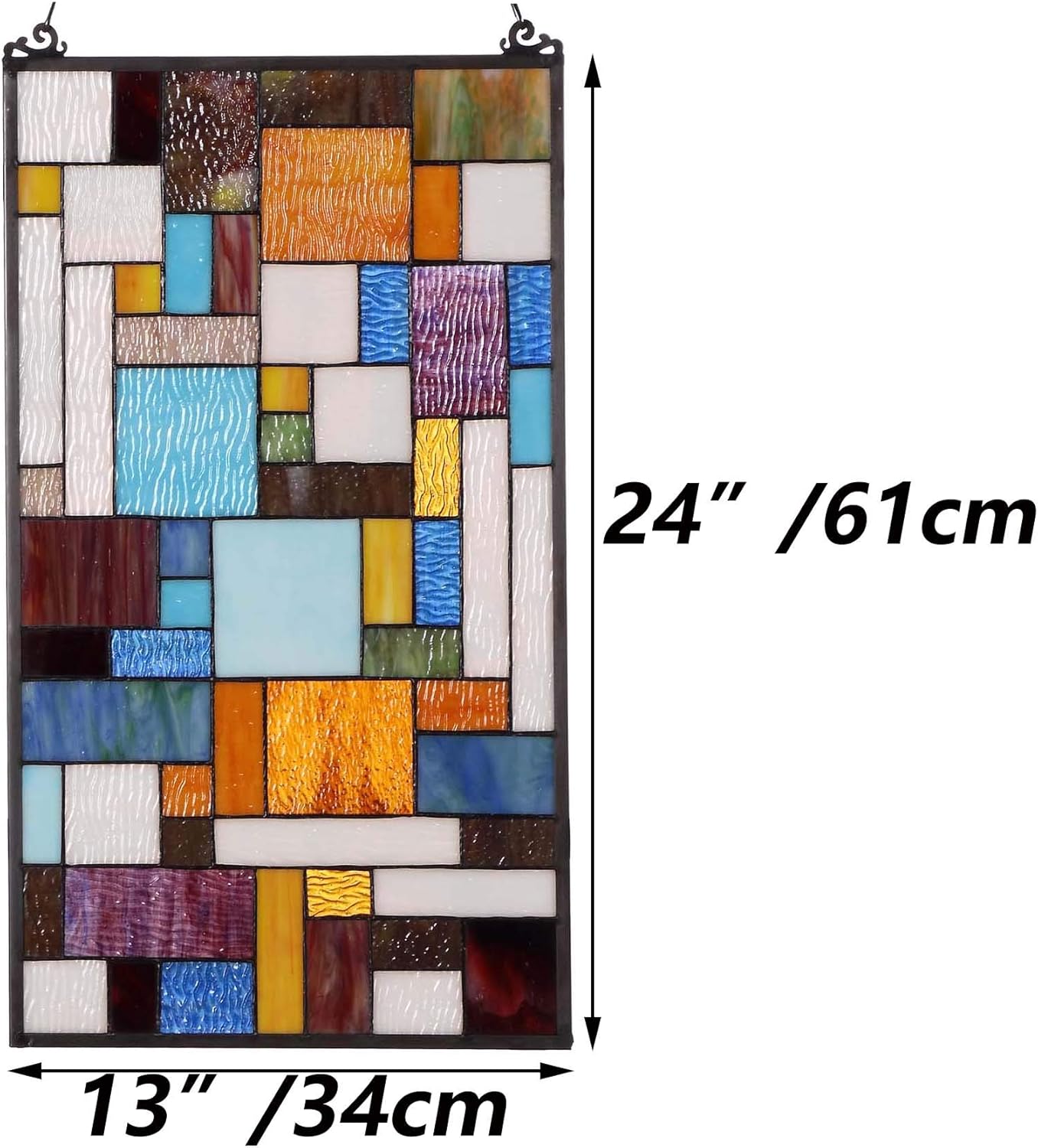 Bieye Geometric Color Block Tiffany Style Stained Glass Window Panel with Hanging Chain (13x24 inches W10024)