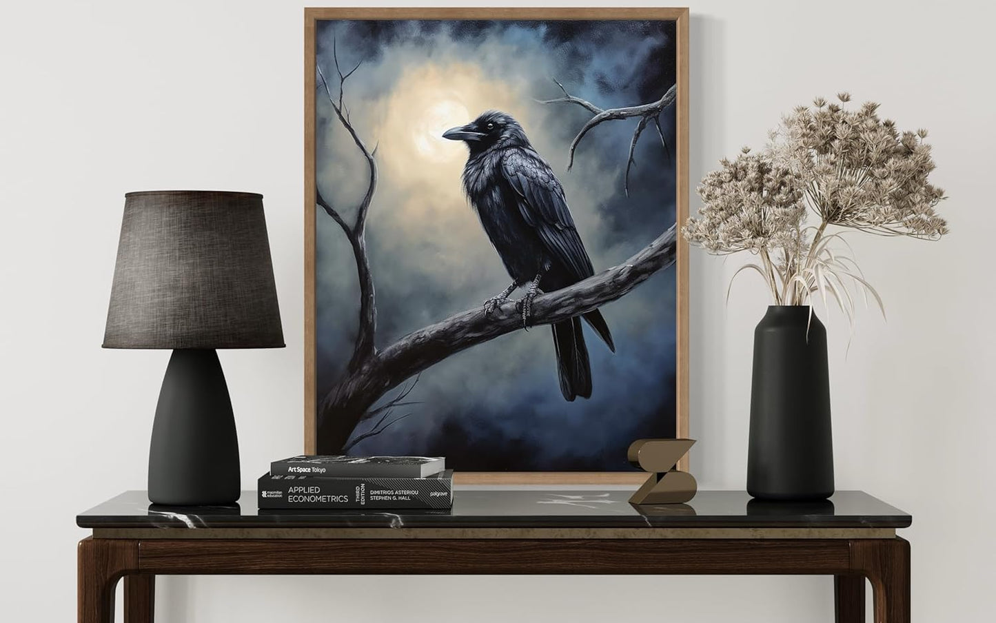 Crow under the Moonlight Poster Art Print, Halloween Scary Vintage Wall Art Academia Spooky Painting Decoration for Horror Prints, Gothic Posters Bedroom Decor 89 (Crow under the Moonlight, 11 x 14 inches, Wood Frame)