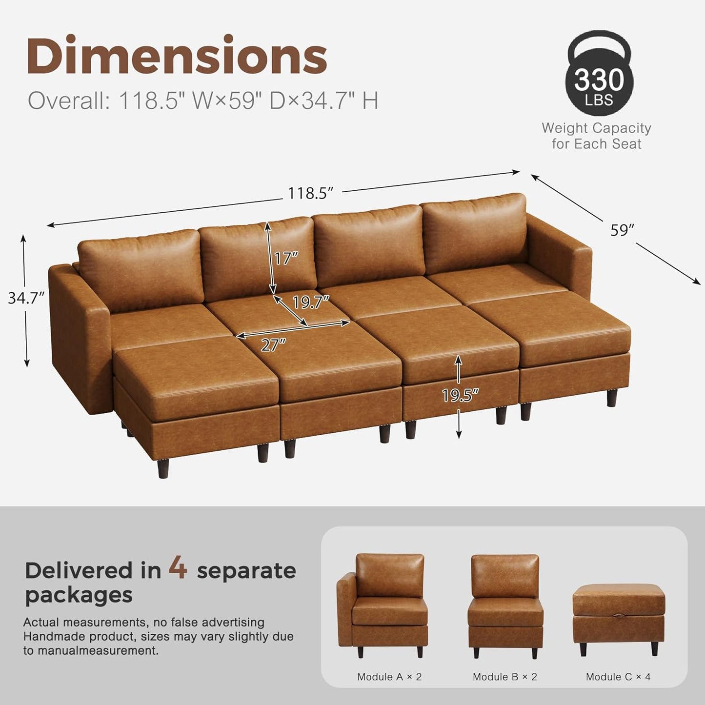 118.5" Luxury Modular Sleeper Sofa Bed with Storage Seat, 8 Seat Sectional Couch Deep Seat with Reversible Chaises & Removable Cover - Brown Faux Leather
