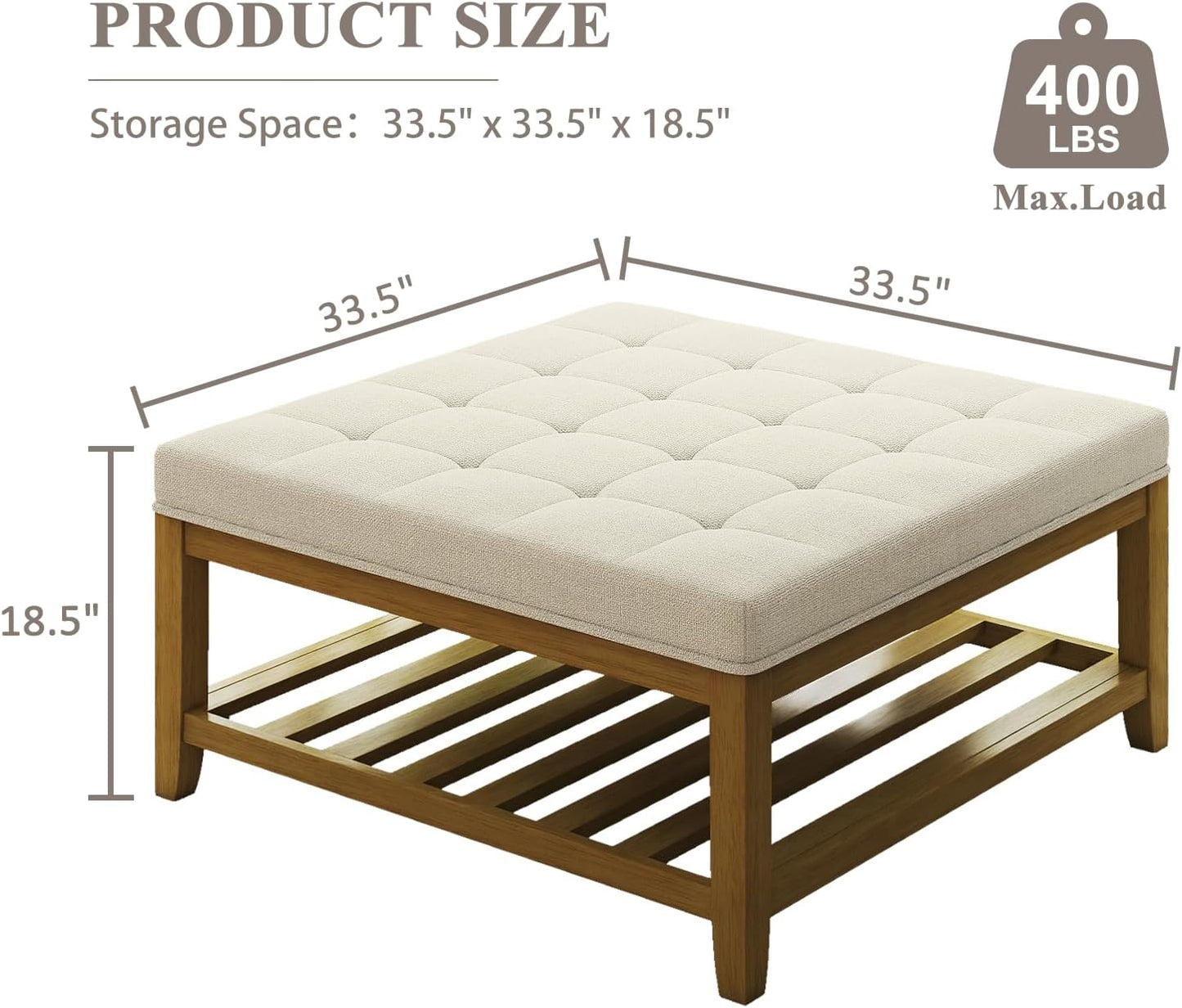 Large Square Ottoman Coffee Table, Linen Solid Upholstered Footrest Ottoman with Solid Wood Shelf Storage Tufted Coffee Table for Bedroom Living Room, Ivory