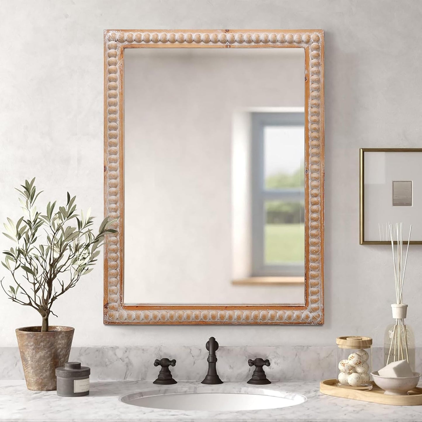 Farmhouse Bathroom Mirror 22x30 Inch - Rectangular Wall Mirrors with Wood Frame & Beaded Design - Distortion-Free Glass, Horizontal/Vertical Mount or Freestanding