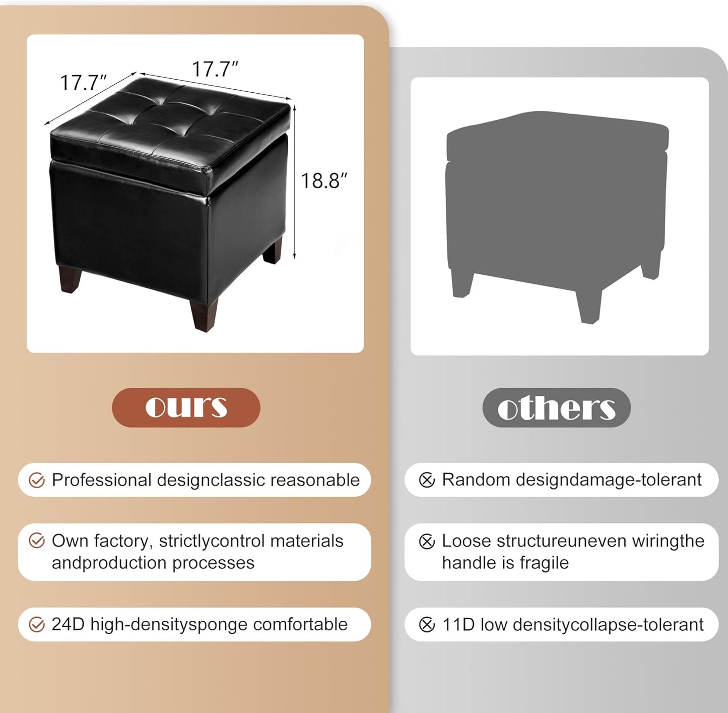 Adeco Storage Ottoman Foot Rest Stool, Leather Ottoman Footstool with Wood Legs and Hinged Lid, 18" Small Foot Stool Bench for Living Room, Bedroom, Black