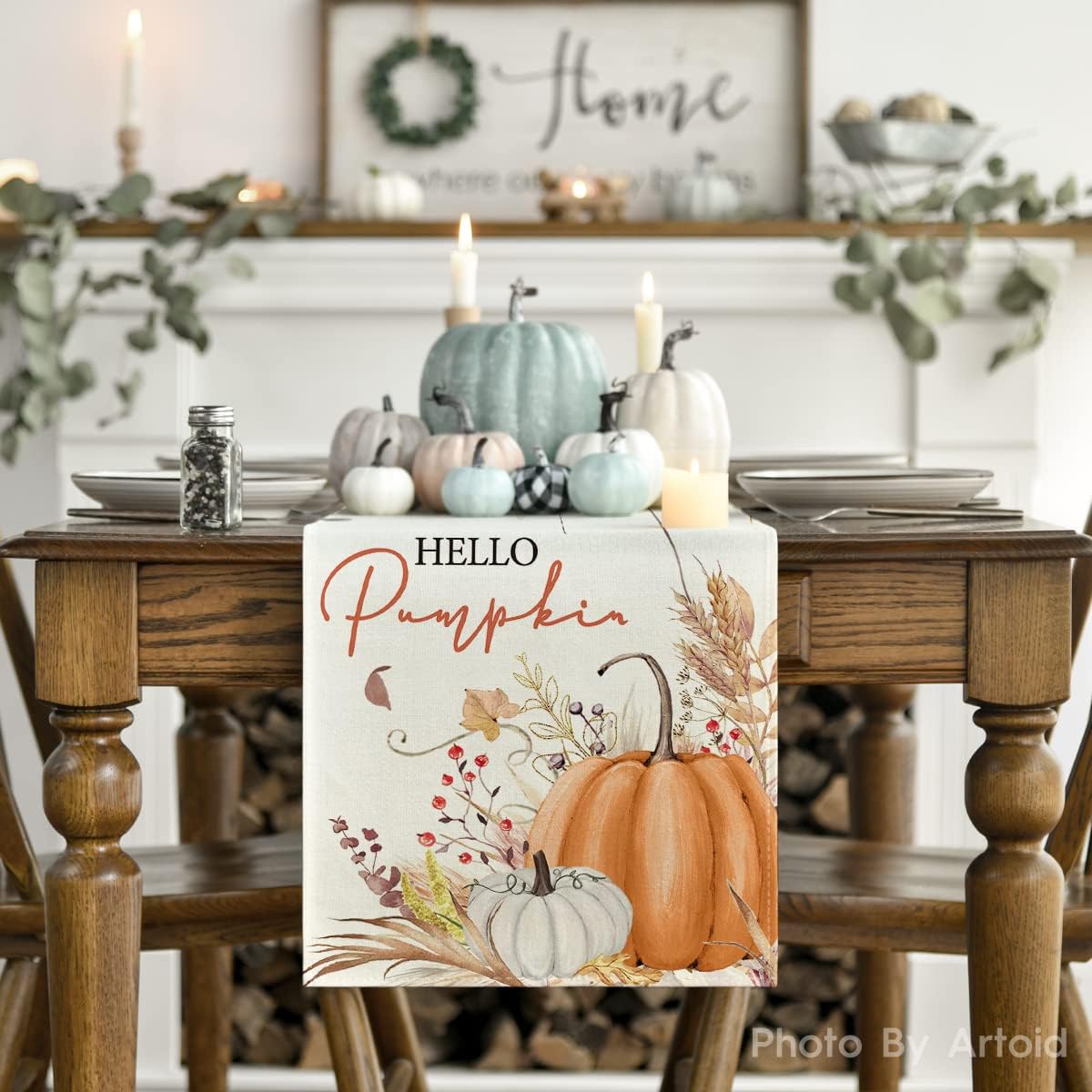 Artoid Mode Hello Pumpkin Flowers Leaves Thanksgiving Table Runner, Seasonal Fall Harvest Vintage Kitchen Dining Table Decoration for Indoor Outdoor Home Party Decor 13 x 108 Inch