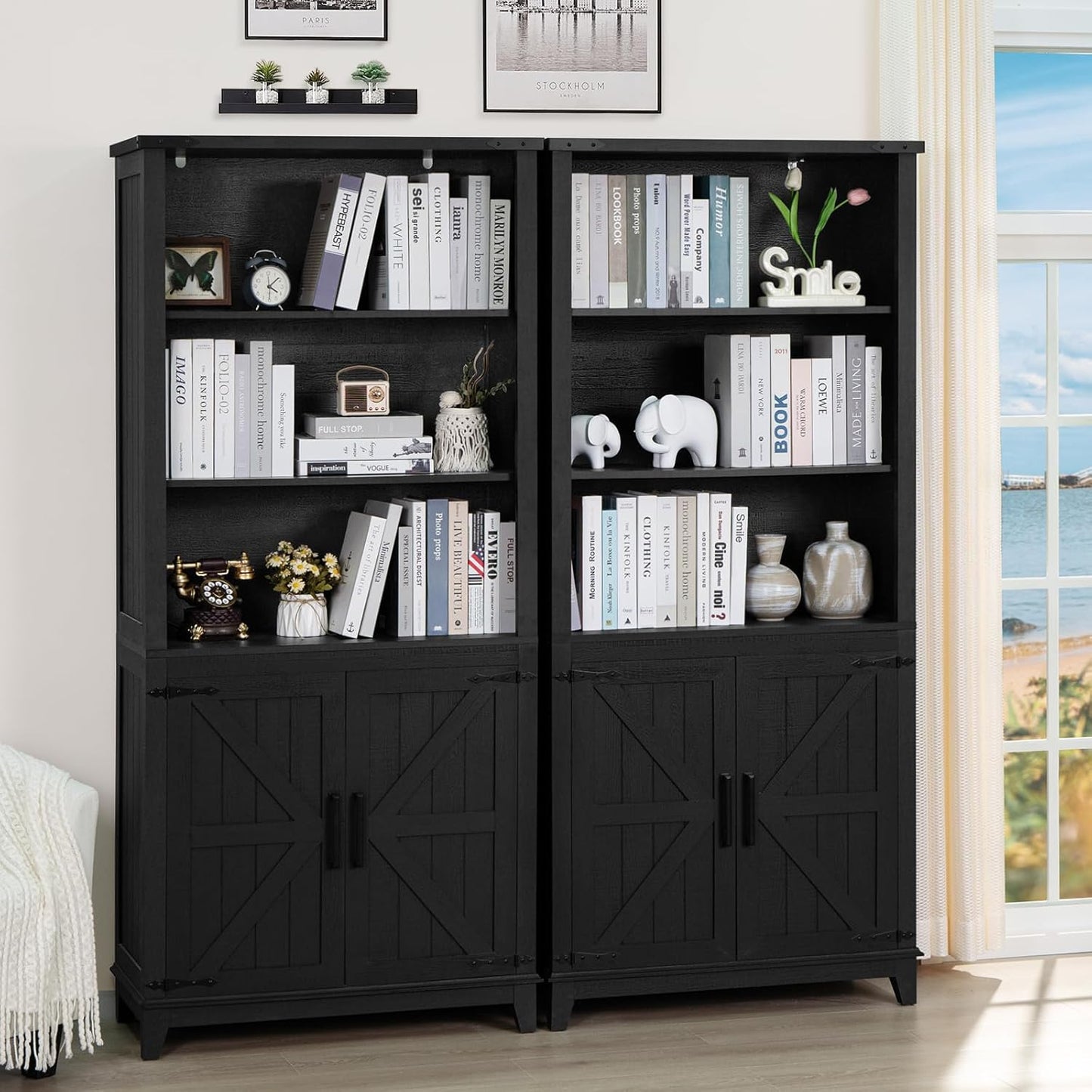 70in Tall Bookshelf 5 Tier Bookcase with Barn Doors and Adjustable Shelves, Black Farmhouse Book Shelf with Storage Cabinet, Wood Freestanding Display Bookshelves for Bedroom, Living Room