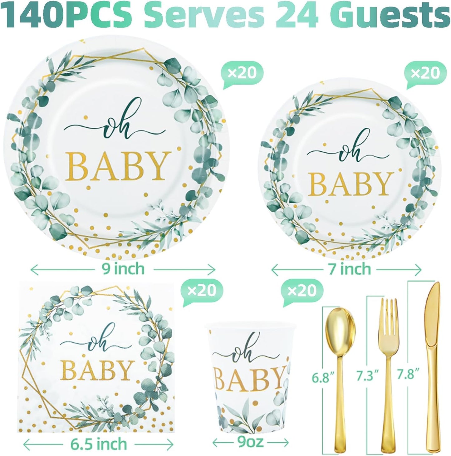 140PCS Sage Green Baby Shower Decorations for Boy, Baby Shower Plates and Cups and Napkins Sets Serves 20, for Eucalyptus Boho Boy Neutral