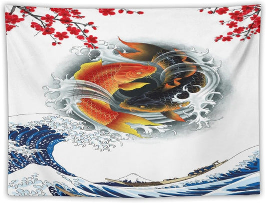 Houselerax Koi Fish Tapestry, Japanese Style Yin Yang Big Wave Cherry Blossoms Tapestries Wall Hanging for Bedroom Living Room Office Decor 60"x40"