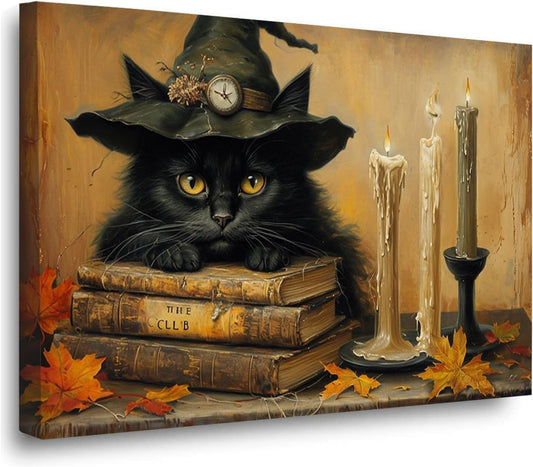 Vintage Halloween wall decoration black cat and magic book suitable for home bedroom living room decoration dark classic art witch wall decoration20x30in Wood Framed