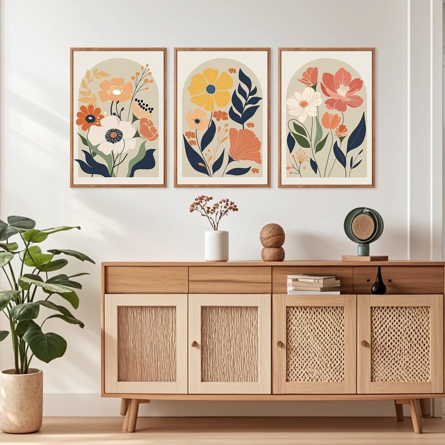 KAIRNE Boho Canvas Wall Art,Abstract Floral Wall Decor,Modern Minimalist Prints Set of 3(16”X24”),Botanical Wall Art Paintings,Bohemian Mid Century Artwork for Living Room Bedroom Office Decor,Framed