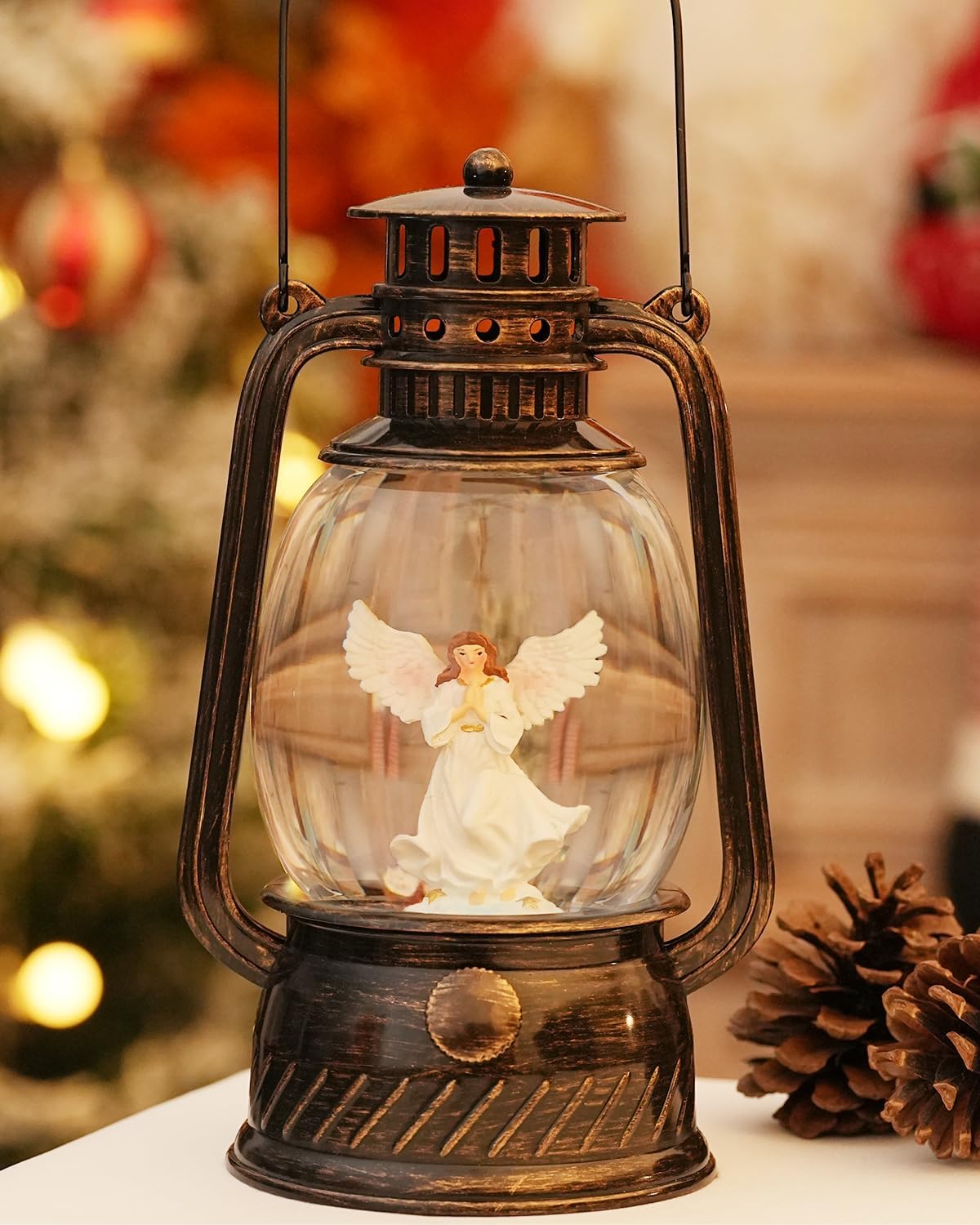 Christmas Decorations Indoor-Musical Snow Globe Christmas with 6H Timer,Angel Lighted Scene Snow Globes Lantern USB or Battery Powered,Christmas Decorations Decor for Home
