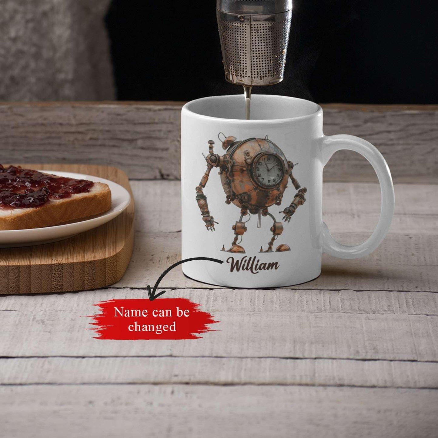 Steampunk Robot Coffee Mug With Custom Name, Customized Mechanical Themed Design Ceramic Cup, Steampunk Enthusiasts White Cup 11oz Or 15oz, Personalized Mug Gift For Daughter Son