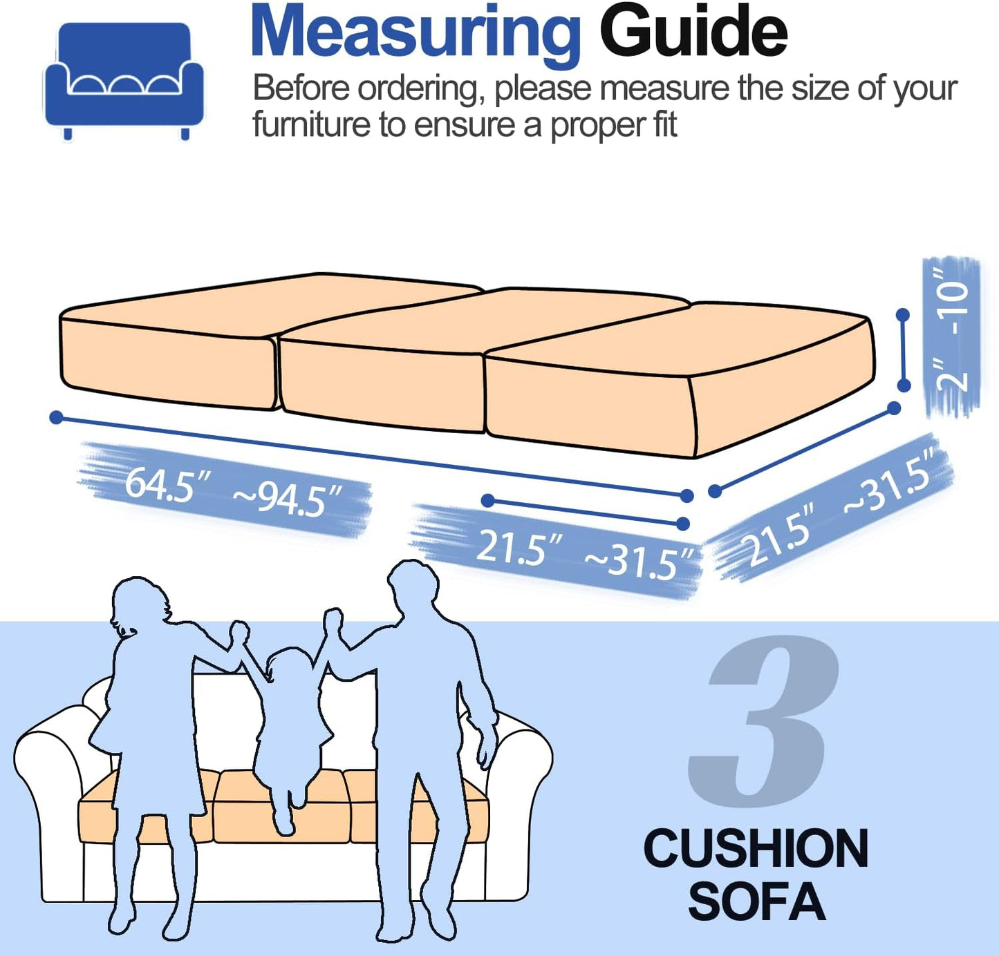 Couch Cushion Covers Individual Large Super Stretch Chenille (Softer Version) Sofa Cushion Covers, Couch Seat Covers Couch Slipcovers Furniture Protector (3PC, Khaki)