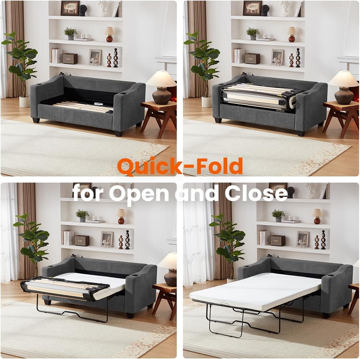 Pull Out Sofa Bed, Full Size Sleeper Sofa, 2-in-1 Convertible Corduroy Couch with USB Charging, Memory Form Couch for Living Room, Apartment and Small Space (Dark Grey, Corduroy - Full Size)