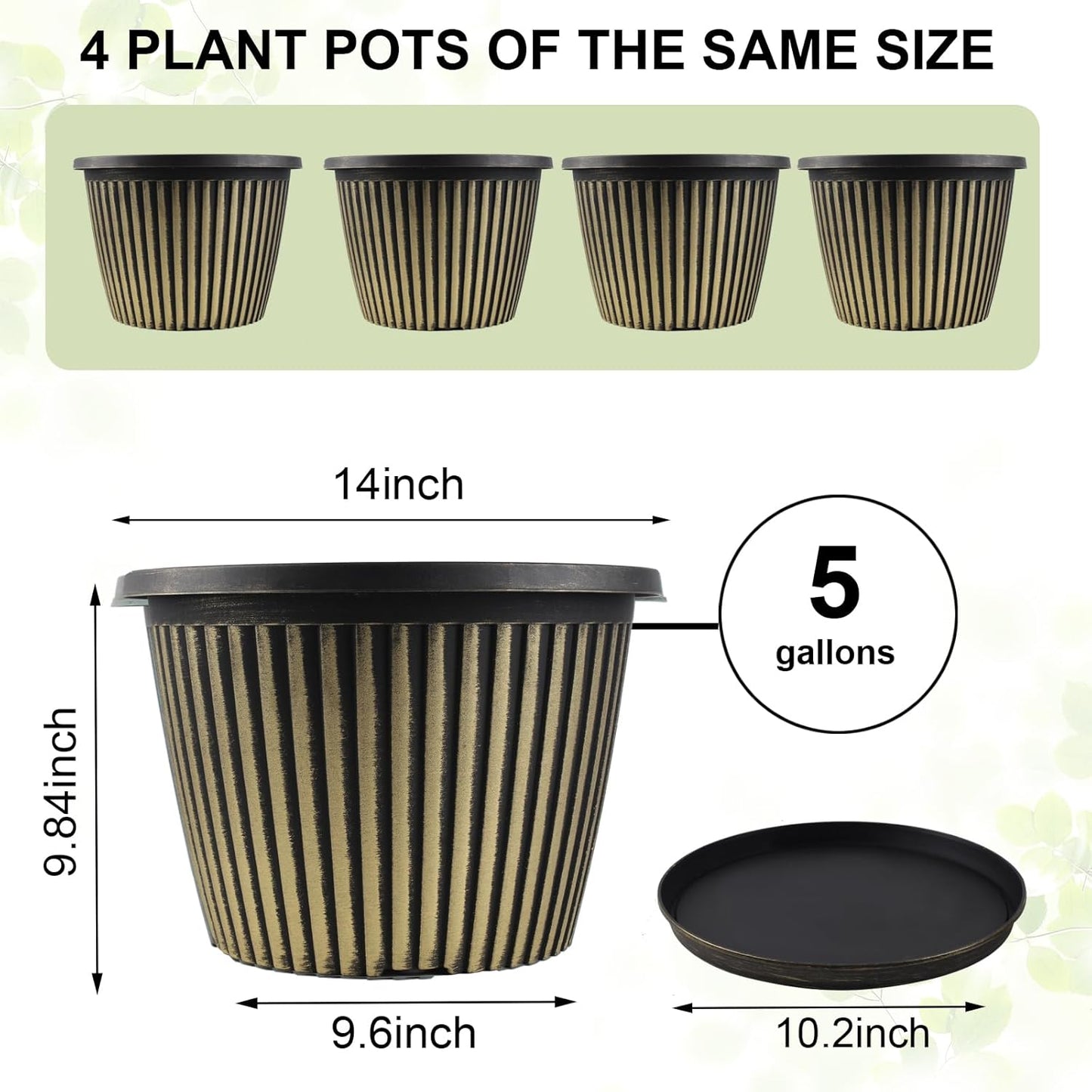 Large-Planter-Indoor-Outdoor Plant Pots, 14 inch 4 Pack Plastic Flower Pots with Saucer And Drainage Holes, Modern Garden Planters For Planting Medium Large Plants， Decorative Resin Garden Pots