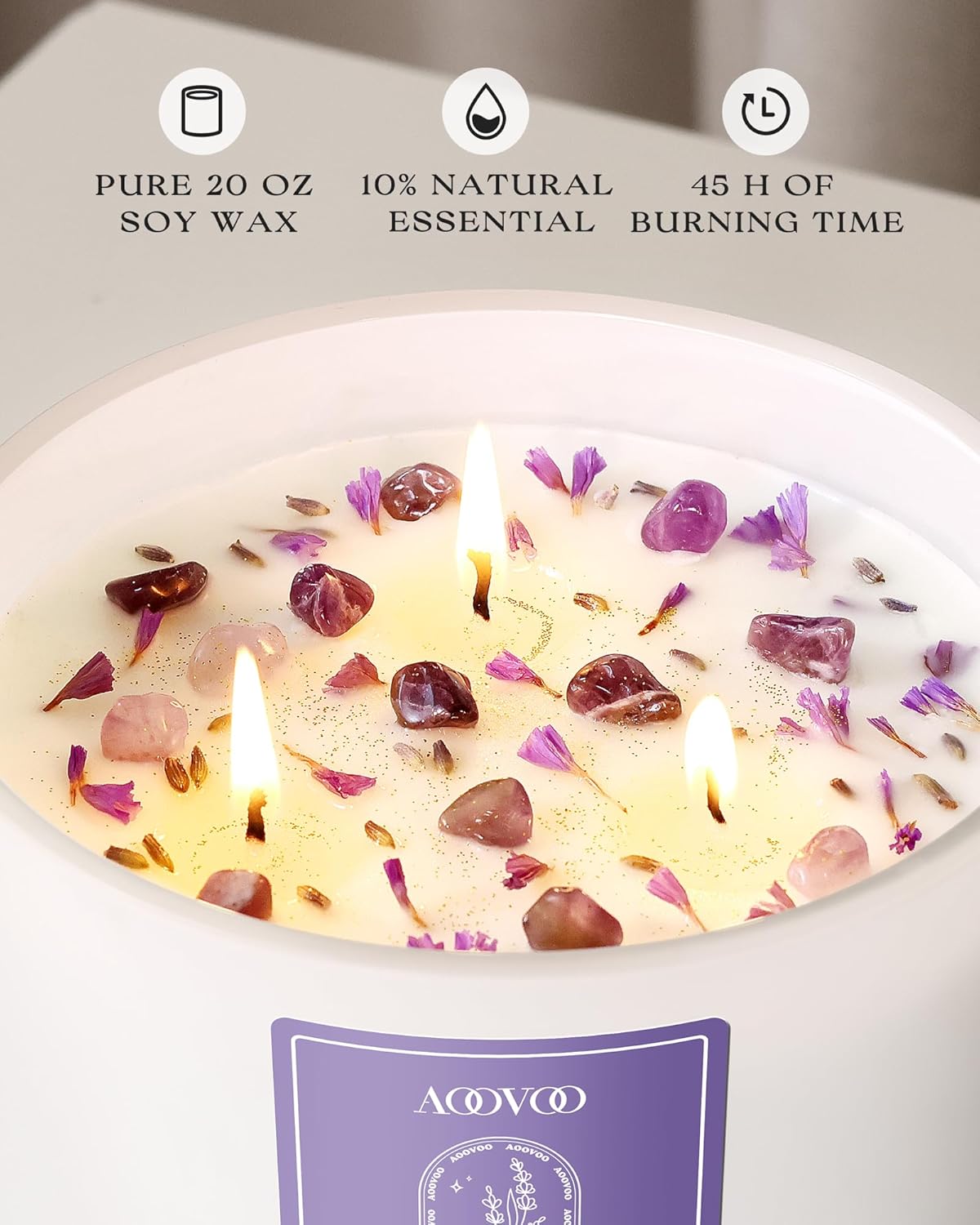 AOOVOO Lavender Scented Candles for Women - 20oz 3 Wick Soy Candles for Home Scented, Aromatherapy Candle with Crystals Inside, Birthday Gifts Mothers Day Candle for Women Mom