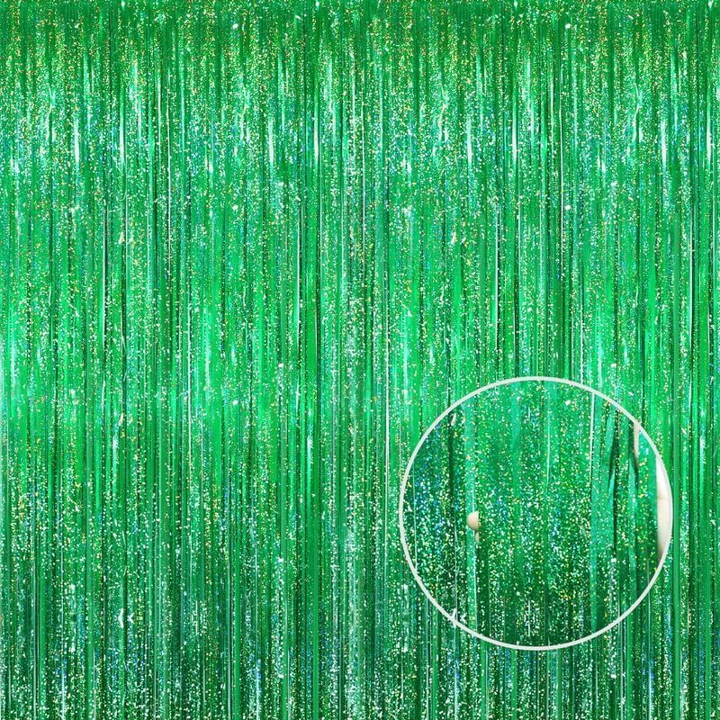GOER 3.2 ft x 8.2 ft Metallic Tinsel Foil Fringe Curtains Party Photo Backdrop Party Streamers for Birthday,Graduation,New Year Eve Decorations Wedding Decor(5 Packs,Shiny Green)