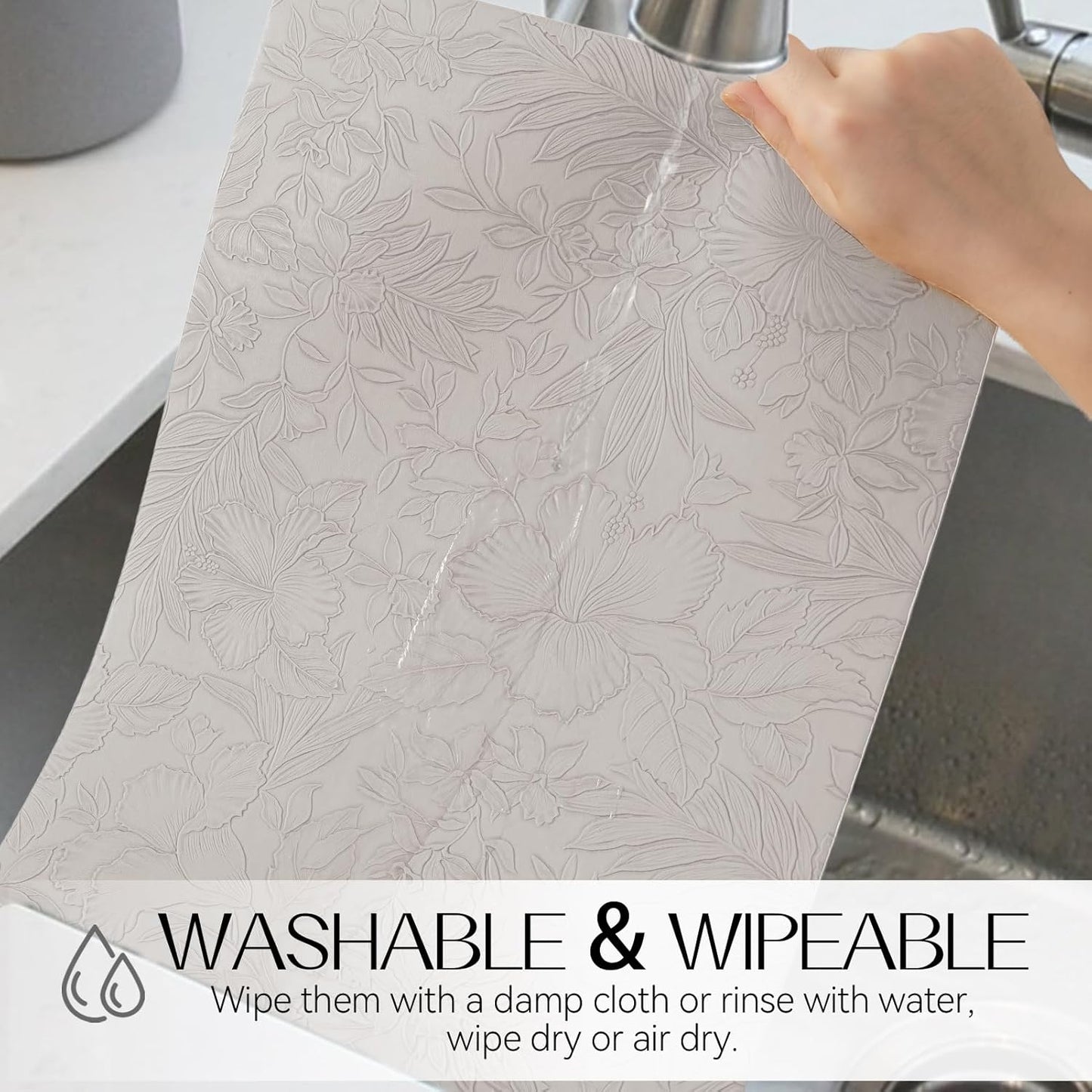 Romanstile Vinyl Placemats Set of 8-12 X 18 Inch - Heat Resistant Non-Slip Embossed Floral Place Mats 100% Waterproof Oilproof Wipeable Faux Leather Table Mats for Kitchen/Dining/Party, LightGrey