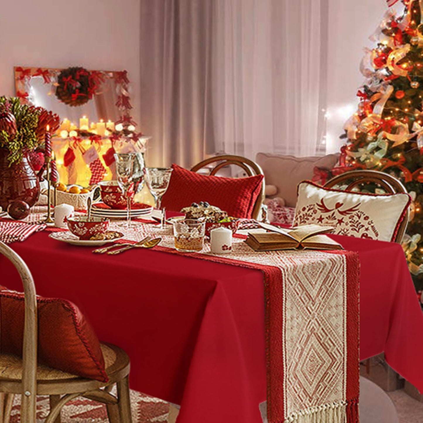 sancua Square Tablecloth - 54 x 54 Inch - Stain and Wrinkle Resistant Washable Polyester Table Cloth, Decorative Fabric Table Cover for Dining Tables, Buffet Parties and Camping, Red